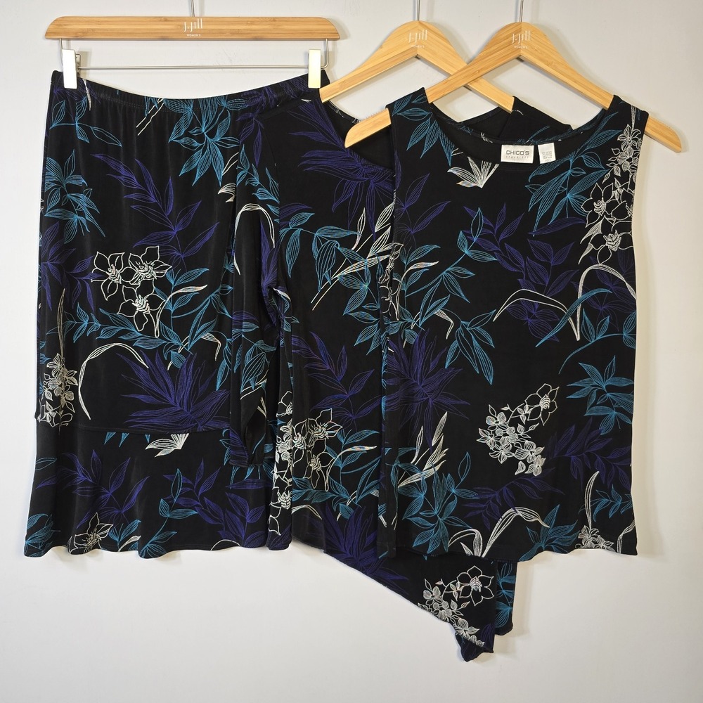 Chicos Travelers 3 Piece Set Top Tank Skirt Size 2 L Slinky Stretch Floral Black